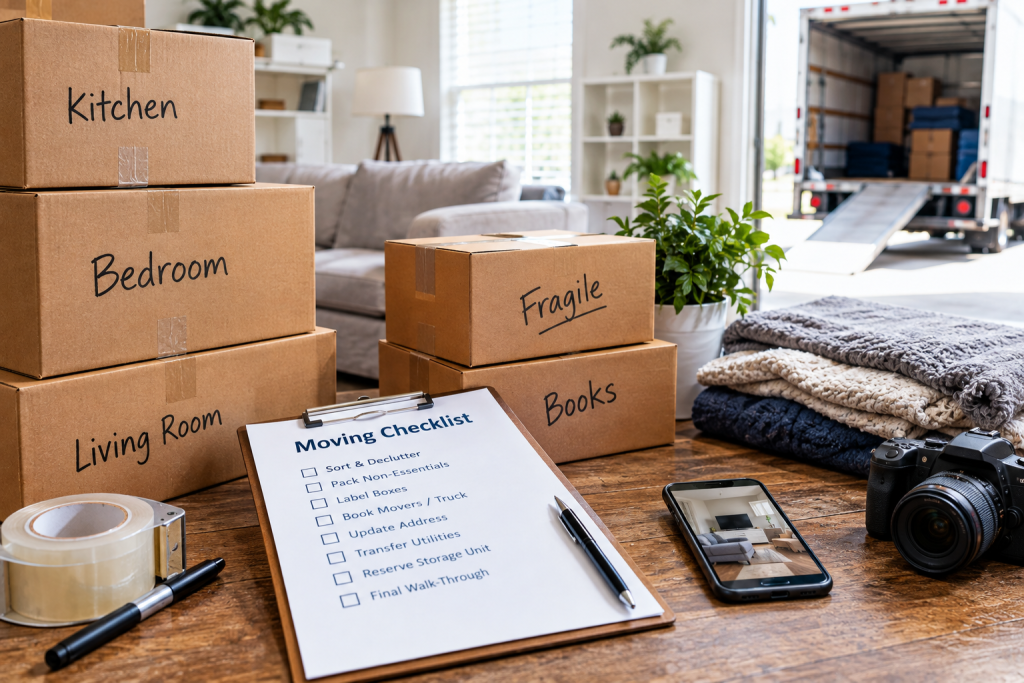 Labeled moving boxes, packing supplies, and a moving checklist in a living room with a moving truck waiting outside.