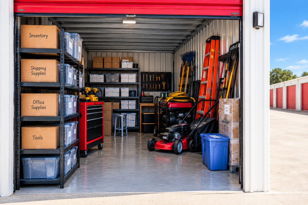 Organized business storage unit with labeled inventory boxes, plastic bins, shelving, tools, a lawn mower, and equipment behind a red roll-up door.