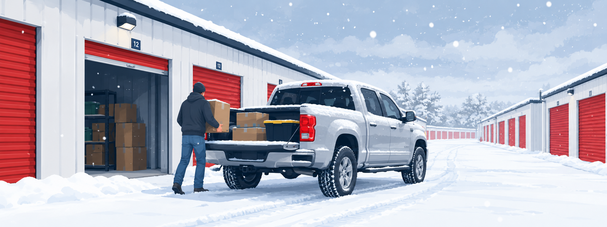 Person unloading boxes from a pickup truck at a storage unit in the snow