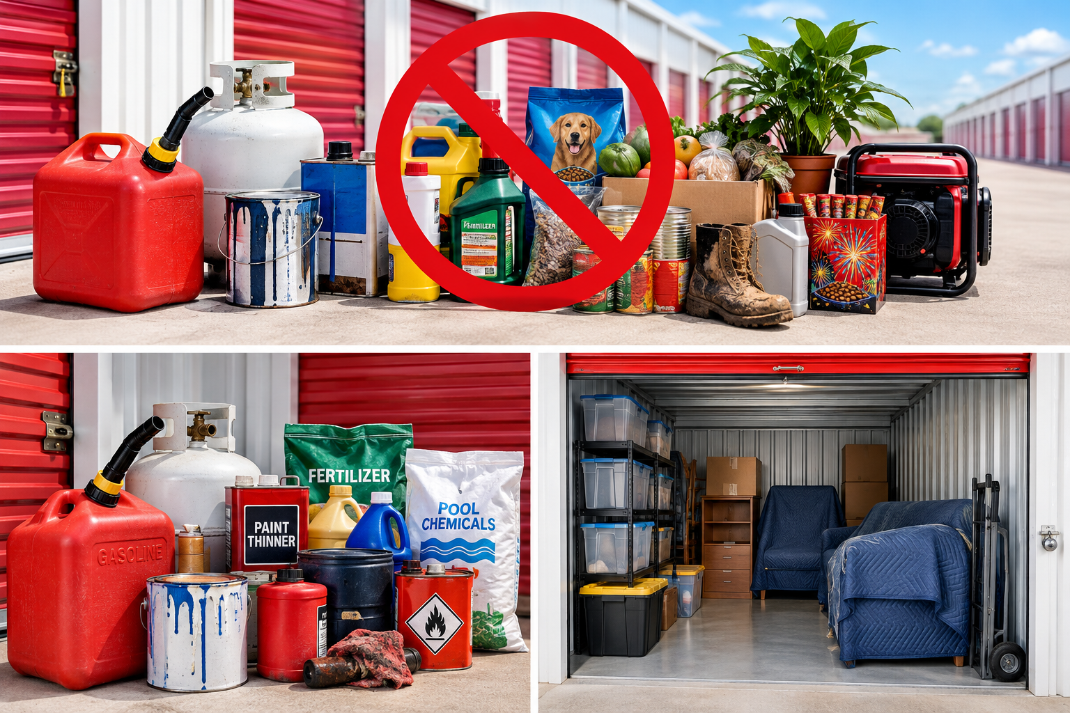 Storage safety collage showing prohibited items, hazardous chemicals, and an organized storage unit with plastic bins, boxes, and covered furniture.