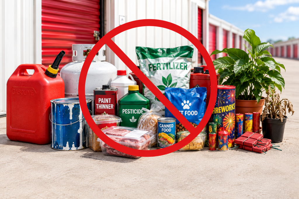 Gasoline, propane, paint thinner, fertilizer, pet food, fireworks, and plants marked as prohibited storage items outside a storage unit.